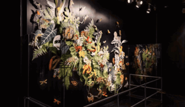 A gif of different angles of a colorful wall installation of foliage and butterflies against a black background