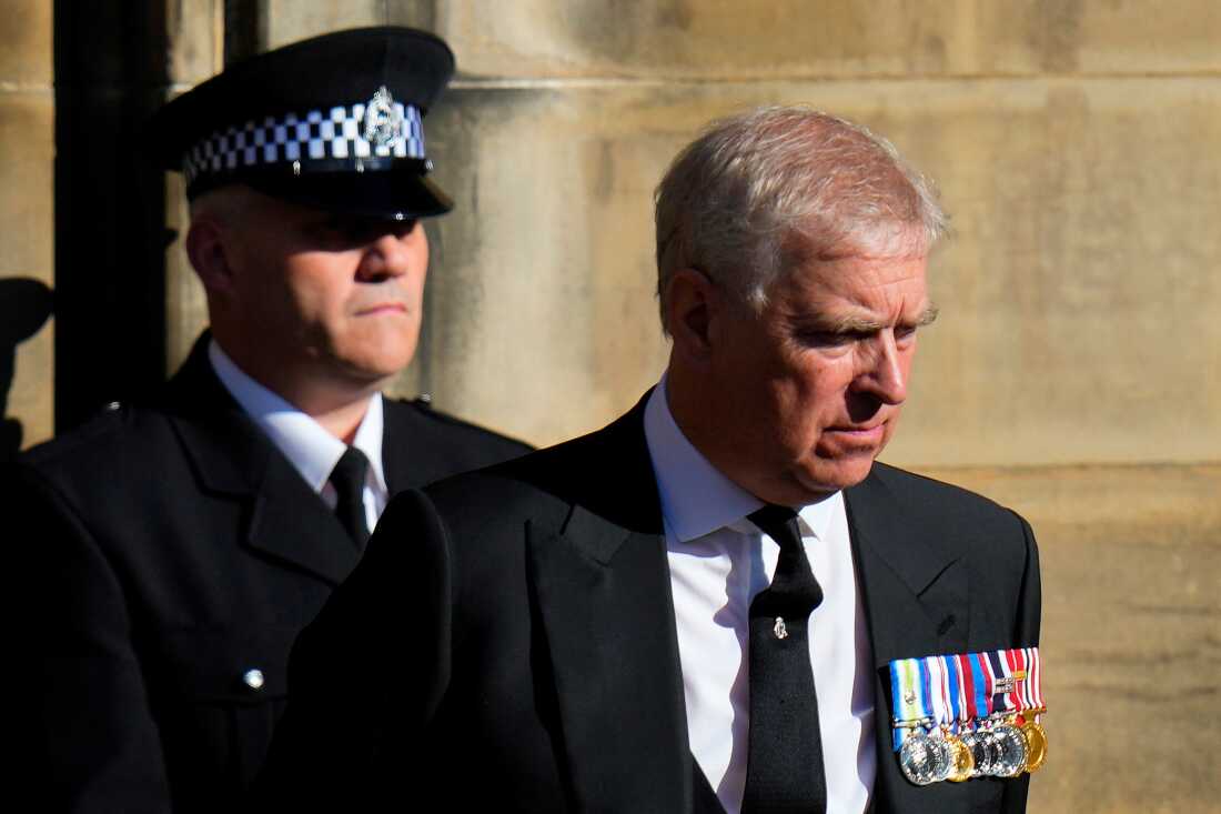 Then-Prince Andrew leaves St. Giles Cathedral after the arrival of the coffin containing the remains of his mother Queen Elizabeth, in Edinburgh, Scotland, Sept. 12, 2022.