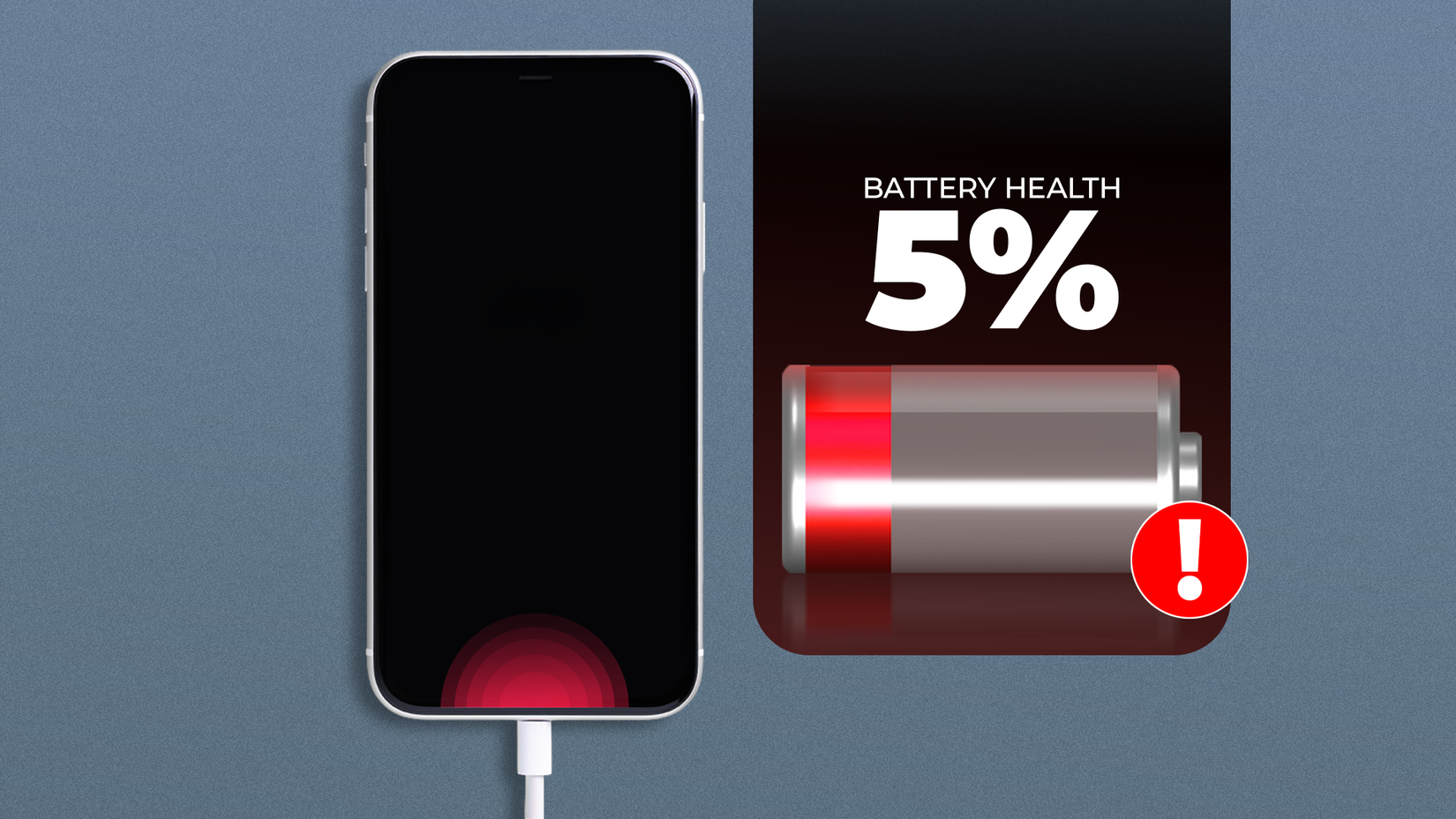 Smartphone connected to charger showing battery health warning at 5% with a red low-battery icon.