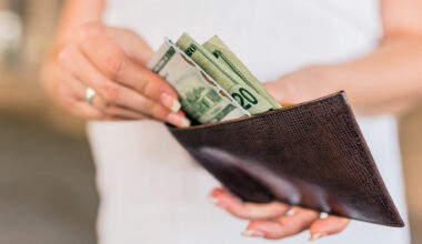 People, business, finances and money concept - close up of businesswoman hands holding open wallet with dollar cash.
