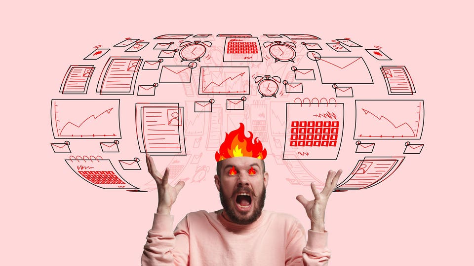 Burning head. Man, employee feeling stressful and angry, having too many working tasks and deadlines. Contemporary art collage.