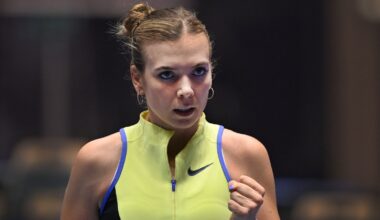 Katie Boulter (UK) in action during the match against Katie Volynets (USA) within the WTA women's tennis tournament Ostrava Open in Ostrava,