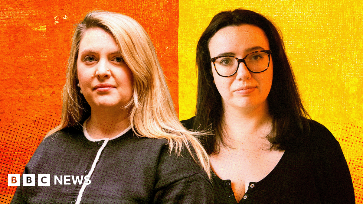 Sophie Hartley and Beth Cox pose together against a bold, stylized backdrop split into orange and yellow. Sophie on the left has long blonde hair and wears a dark buttoned top with white trim. Beth on the right has dark hair, glasses, and a black buttoned top. The background features a dotted, textured gradient that gives the image a modern, graphic look.