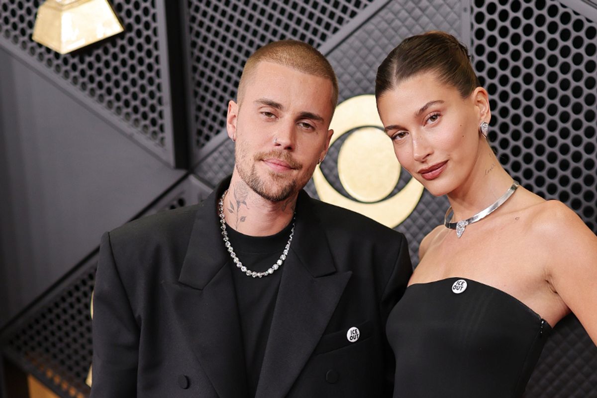 Justin and Hailey Bieber are pictured at the at the Grammys on Sunday
