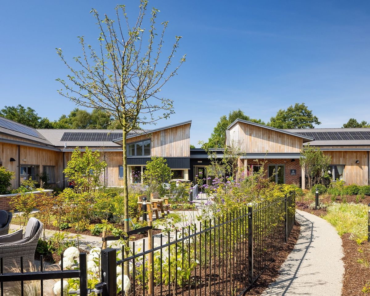 Central courtyard garden with seating and planting at Severn View Park Care Home by Pentan Architects one of Six projects shortlisted for RSAW Welsh Architecture Awards 2026  