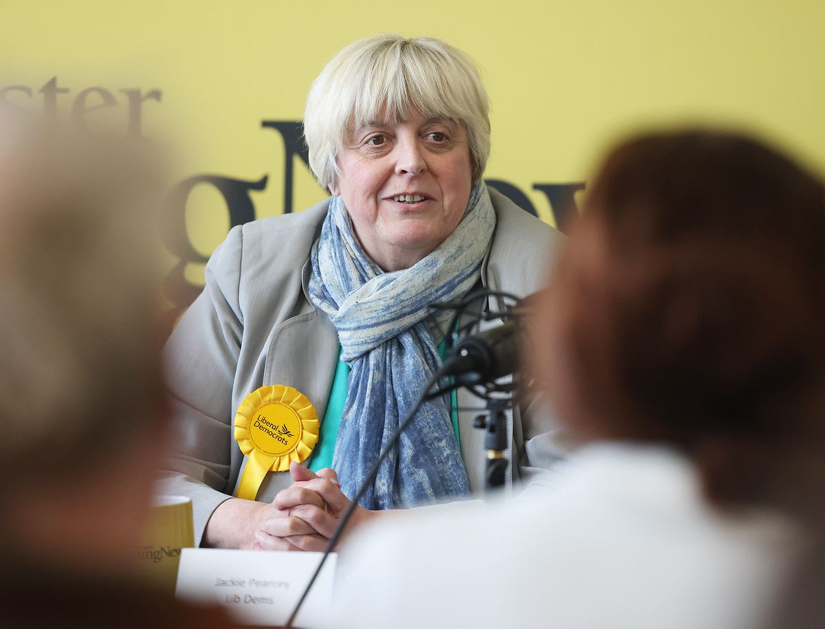 Jackie Pearcey (Lib Dems) Gorton and Denton by-election hustings at the Manchester Evening News offices, Hollinwood Avenue , Oldham . 12 February 2026