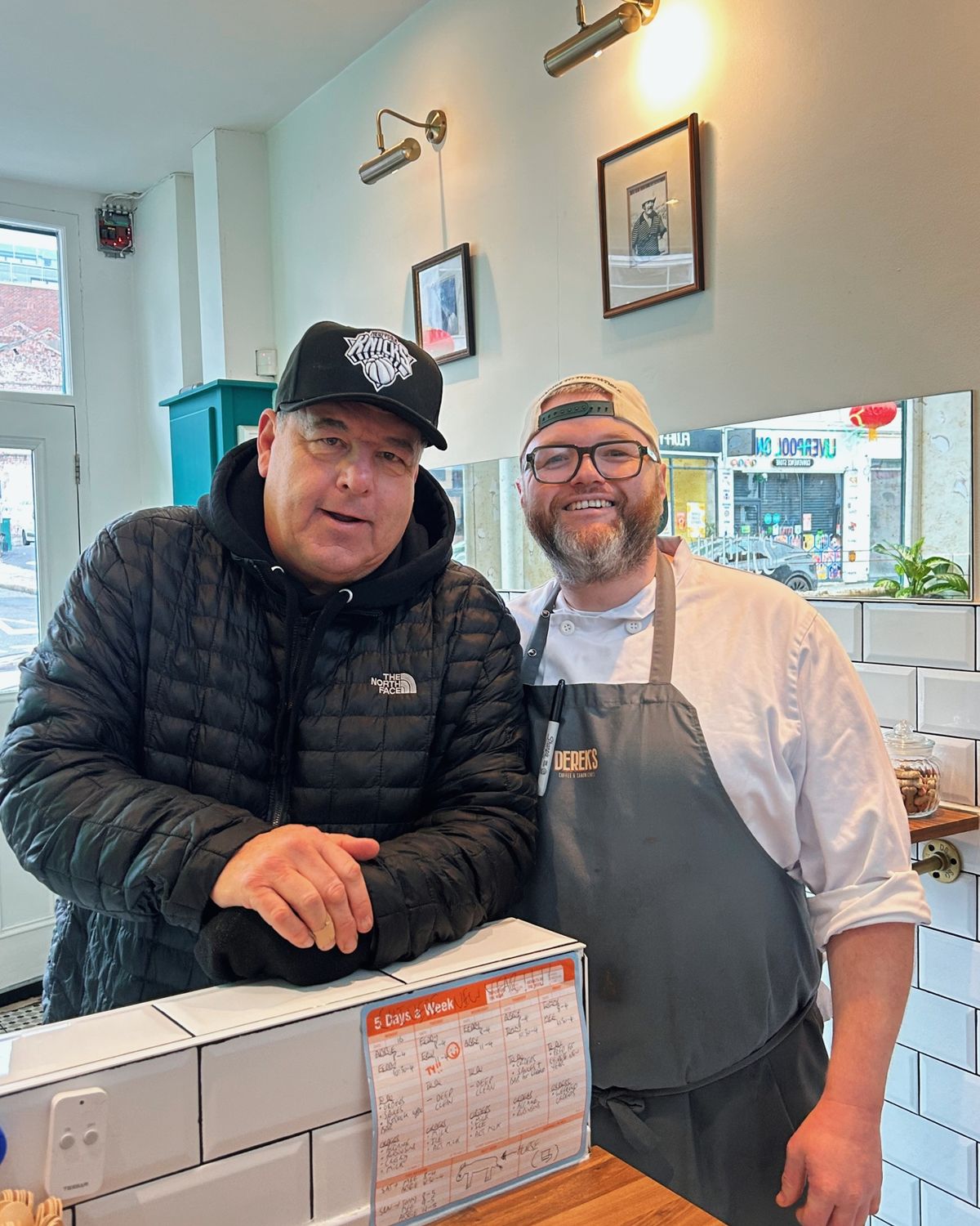 Steve Schirripa and Derek's chef, Steven Malone, after The Sopranos star's surprise visit today