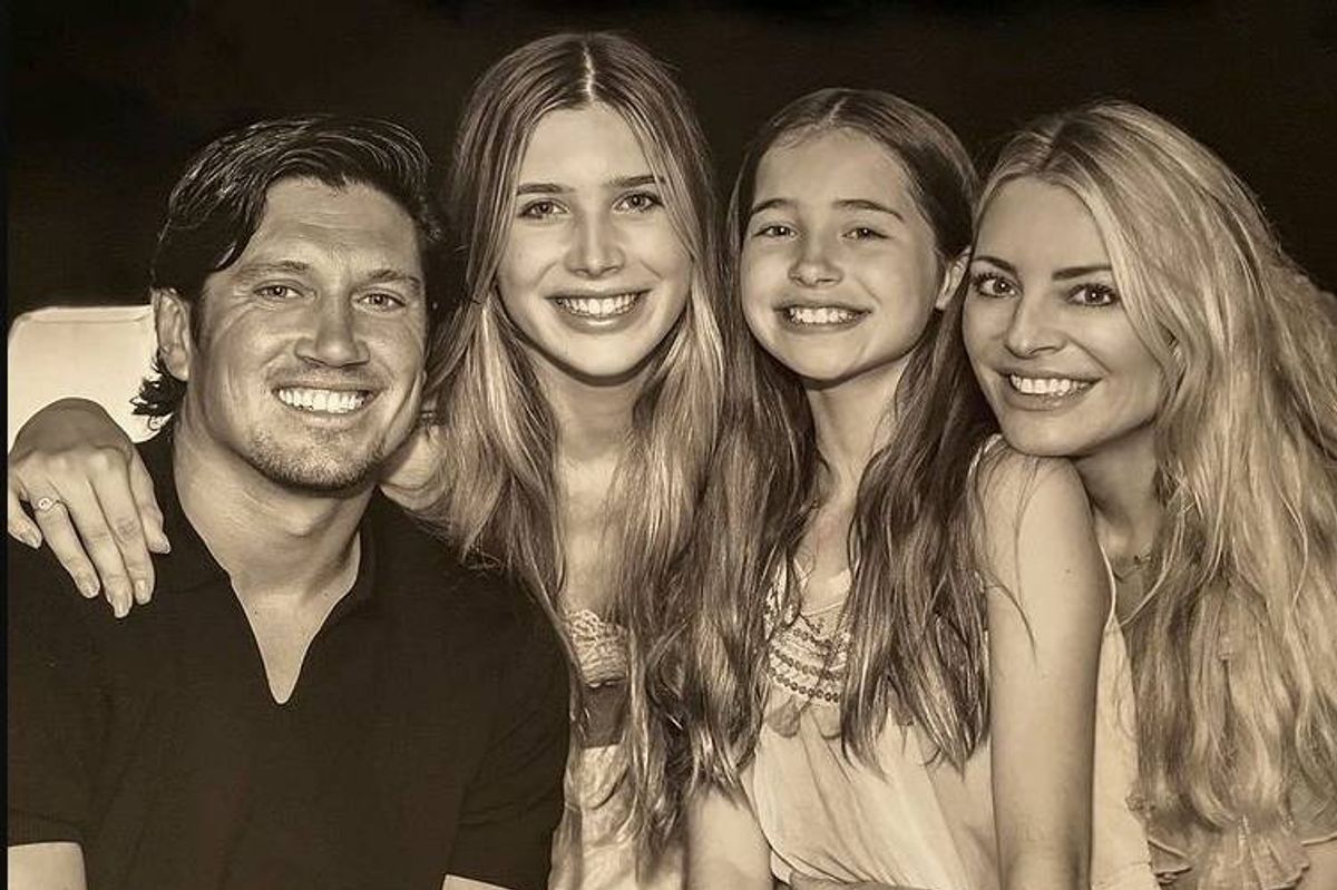 Tess daly and family in smiling black and white pic