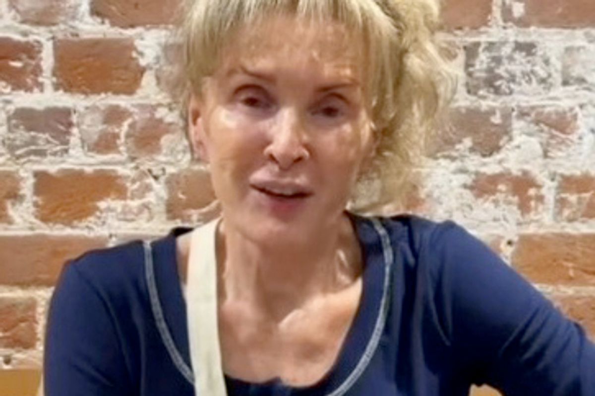 bev callard in blue top in video