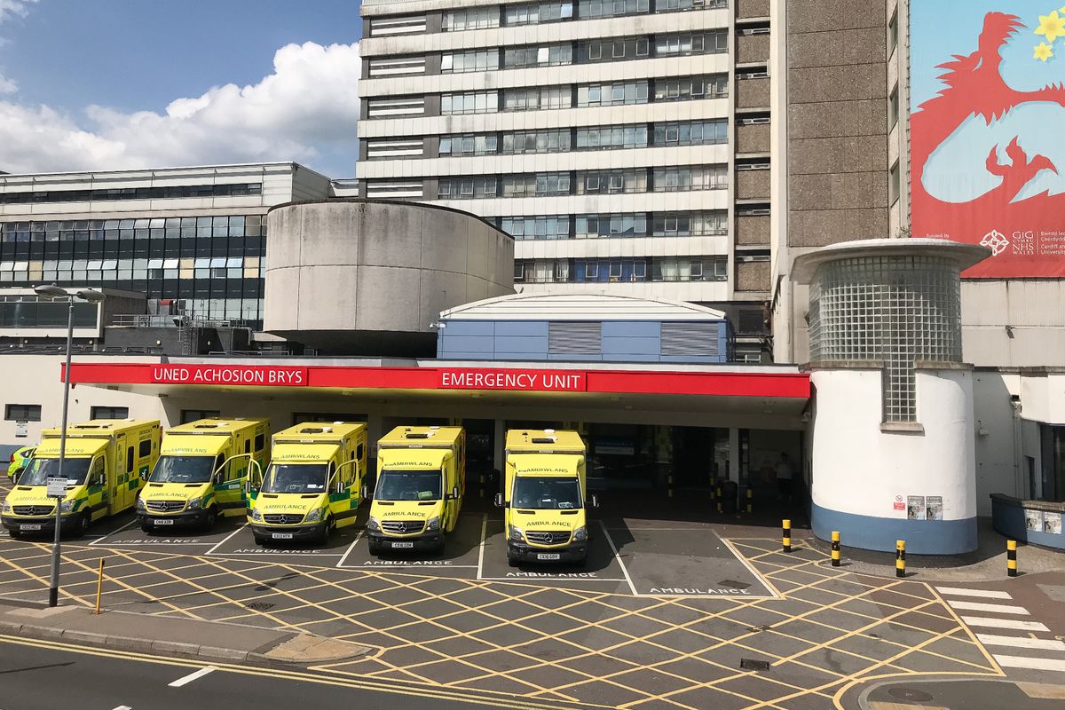 The University Hospital of Wales, Cardiff, with ambulances parked outside