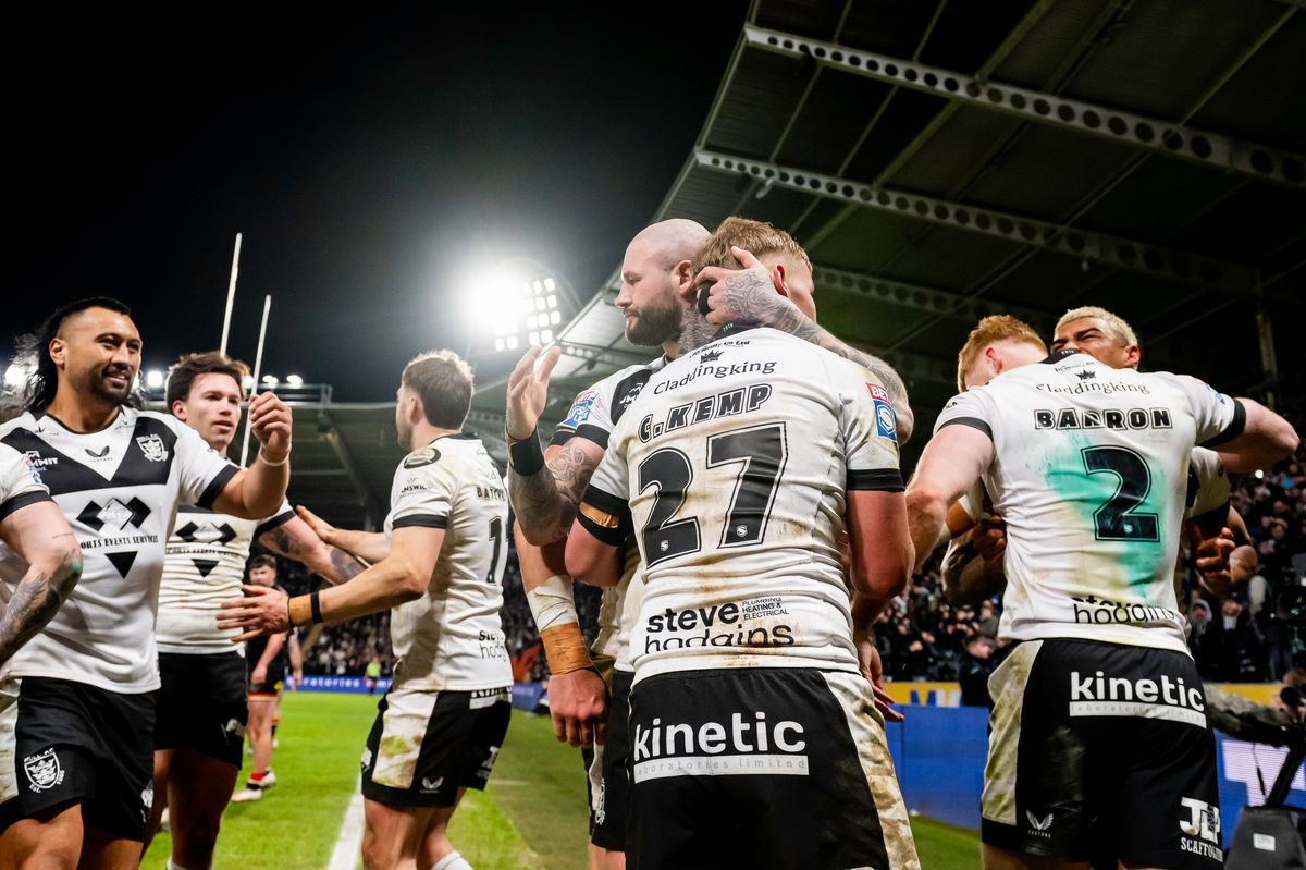 Hull FC celebrate Harvey Barron's try against Bradford.