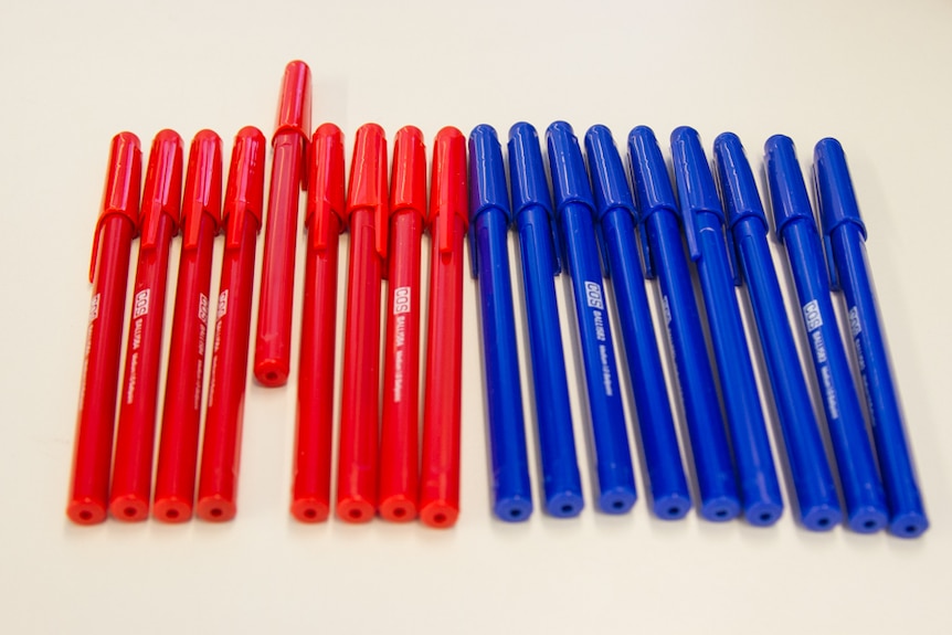 Coloured pens lined up separately in red and blue colours.