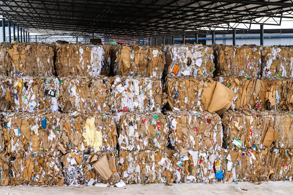 Stacked bundles of compressed cardboard and paper stored under a structure at a recycling facility. This image highlights concepts of recycling, waste management, and sustainability in an industrial setting.