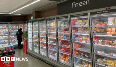 Rows of brightly coloured frozen food packets and bags stacked behind glass cabinets in a supermarket.