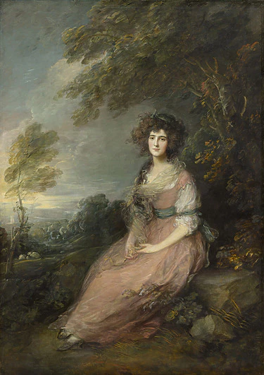 Portrait of a woman in a pink dress sitting outdoors, surrounded by trees and a cloudy sky in a classical painting style.