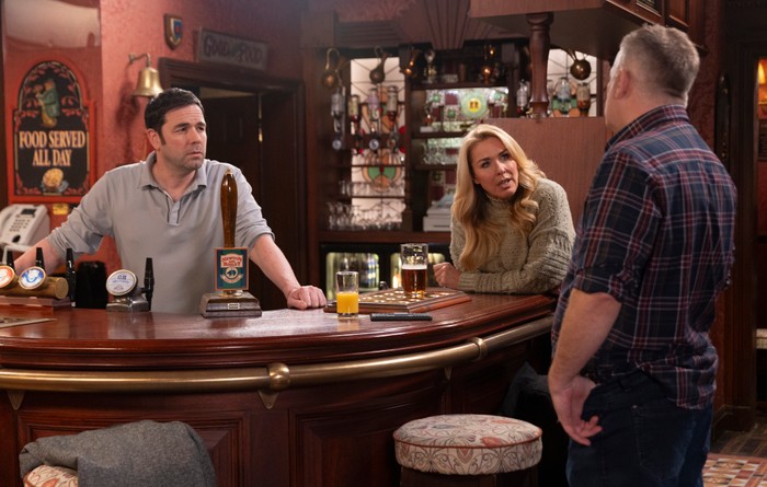 Steve talks to Ben and Cassie in the Rovers in a scene from Coronation Street