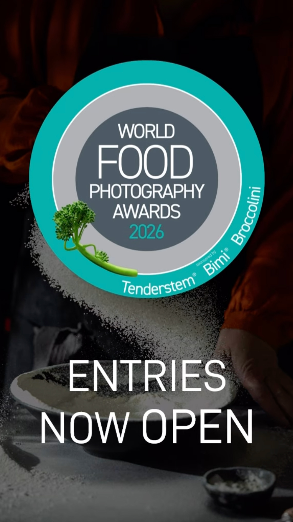 Logo for the World Food Photography Awards 2026 with "Entries Now Open" text, featuring a backdrop of flour being poured