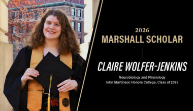 Graphic of Claire-Wolfer Jenkins wearing Purdue commencement attire.