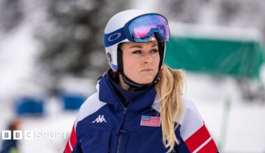 Lindsey Vonn at downhill practice training session in Cortina at Winter Olympics