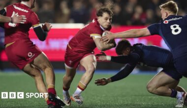 Carwyn Leggatt-Jones runs with the ball for Wales Under-20s