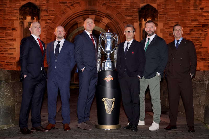 Head coaches Steve Tandy (Wales), Gregor Townsend (Scotland), Steve Borthwick (England), Fabien Galthié (France), Andy Farrell (Ireland) and Gonzalo Quesada (Italy) at last week's Six Nations launch at Edinburgh Castle. Photograph: Steve Welsh/PA