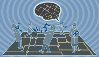 A cartoon showing a series of figures carrying different dark blue numbers walking across a green and yellow circuit board. In the background, a human brain floats in the center of blue concentric circles with a circuit board pattern in the shape of the brain