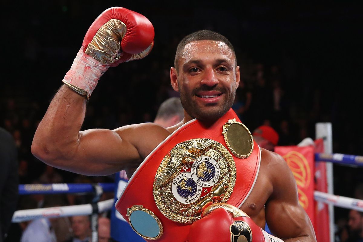 Kell Brook celebrates victory over Kevin Bizier in the second round of the IBF World Welterweight Championship fight between Kell Brook and Kevin Bizier