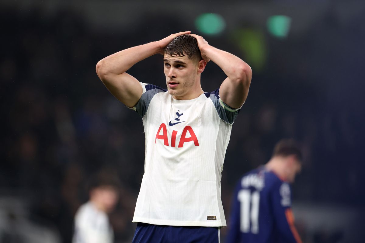 Micky van de Ven of Tottenham Hotspur reacts during the Premier League match between Tottenham Hotspur and Newcastle United at Tottenham Hotspur Stadium on February 10, 2026 in London, England