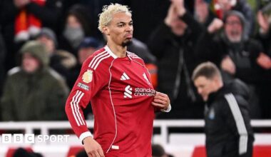 Hugo Ekitike celebrates after scoring for Liverpool against Newcastle United at Anfield