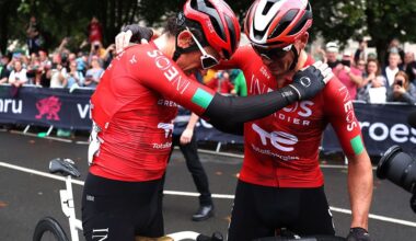 CARDIFF, WALES - SEPTEMBER 07: (L-R) Geraint Thomas of Great Britain in his farewell and last race as a professional cyclist and Ben Swift of Great Britain and Team INEOS Grenadiers react after the 21st Tour of Britain 2025, Stage 6 a 112.1km stage from Newport to Cardiff on September 07, 2025 in Cardiff, Wales. (Photo by Alex Livesey/Getty Images)