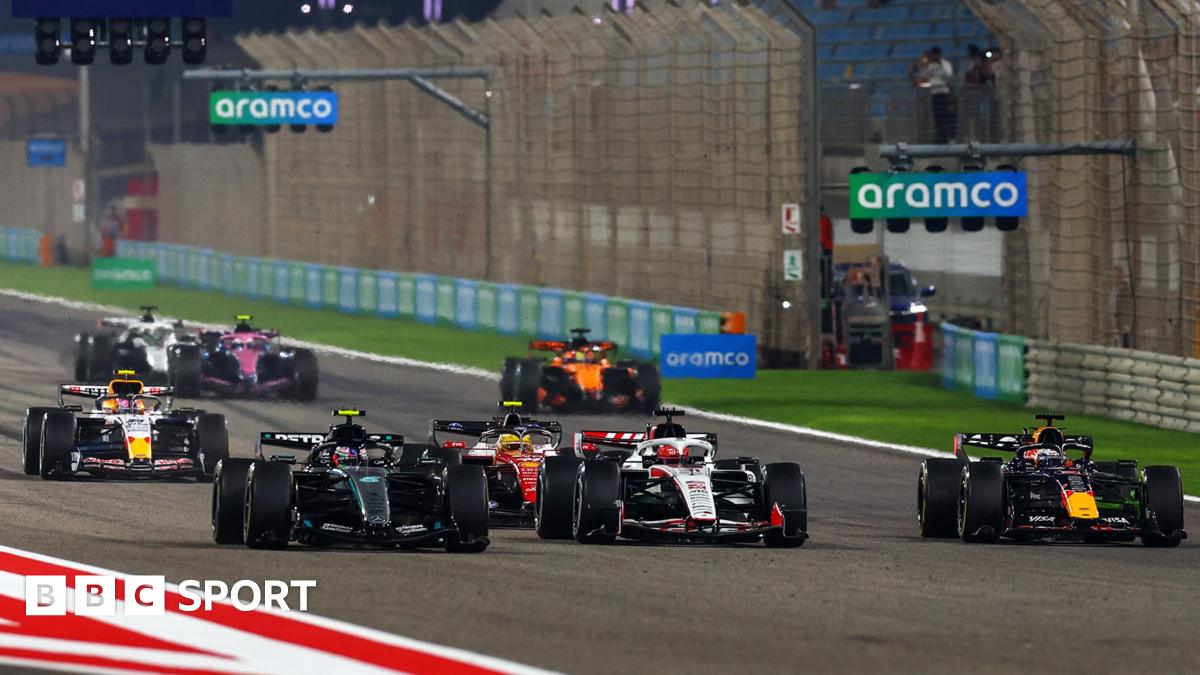 Mercedes' Kimi Antonelli leading cars from the Haas, Red Bull, Ferrari, Racing Bulls, McLaren, Alpine and Cadillac teams in pre-season F1 testing in Bahrain