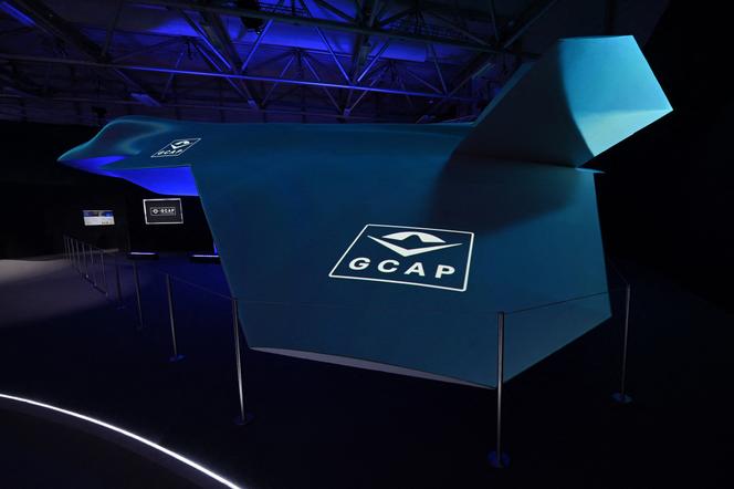 A model of the sixth-generation fighter jet project of the Global Combat Air Programme (GCAP) on display at the opening day of the 2024 Farnborough International Airshow, United Kingdom, July 22, 2024.