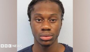 Custody photograph of a Daniel Boakye with braided hair wearing a dark T-shirt, facing the camera against a plain light grey background.