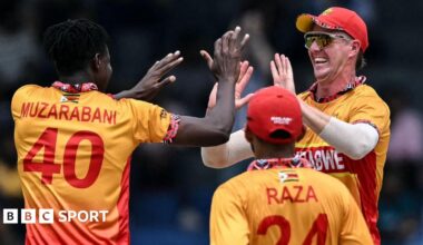 Zimbabwe's Blessing Muzarabani celebrates taking the wicket of Australia's Josh Inglis with his team-mates