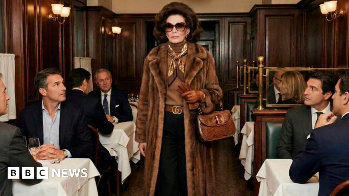 AI Generated images from Gucci - a woman in a fur coat, two young people on a car bonnet wearing vests and sunglasses, a large retro white car, a glamourous couple in black tie sitting in a formal living room looking atthecamera