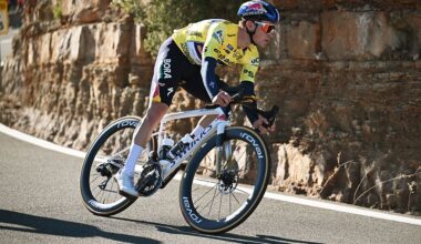 VALENCIA, SPAIN - FEBRUARY 08: Remco Evenepoel of Belgium and Team Red Bull - BORA - hansgrohe - Yellow leader jersey competes during the 77th Volta Comunitat Valenciana 2026, Stage 5 a 94.7km stage from Betera to Valencia on February 08, 2026 in Valencia, Spain. (Photo by Szymon Gruchalski/Getty Images)