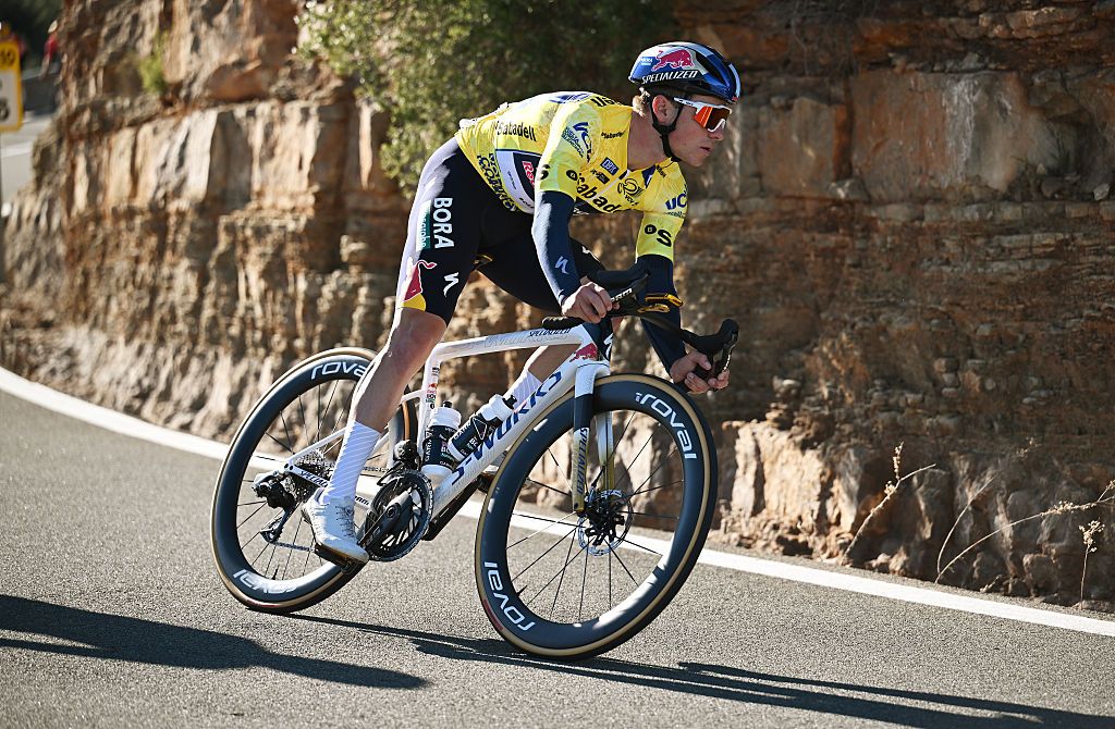 VALENCIA, SPAIN - FEBRUARY 08: Remco Evenepoel of Belgium and Team Red Bull - BORA - hansgrohe - Yellow leader jersey competes during the 77th Volta Comunitat Valenciana 2026, Stage 5 a 94.7km stage from Betera to Valencia on February 08, 2026 in Valencia, Spain. (Photo by Szymon Gruchalski/Getty Images)