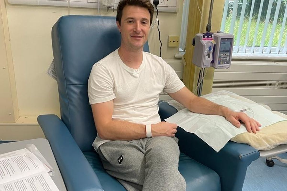 Dad-of-two Anthony Perriam felt a lump in his nexk returning from holiday and was diagnosed with  HPV-related head and
neck cancer, a form of the disease that is often highly treatable when detected early.
He is pictured during treatment