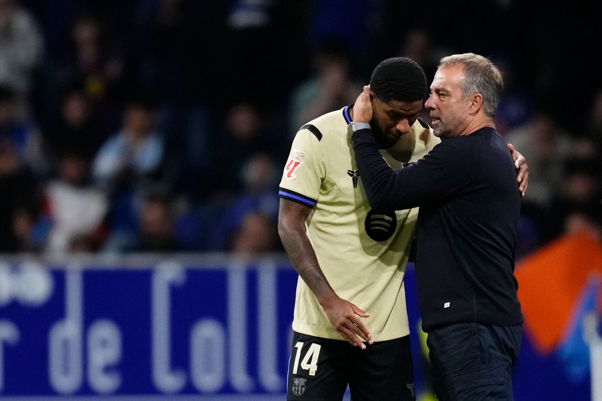 Hansi Flick head coach of Barcelona gives instructions to Marcus Rashford left winger of Barcelona and England during the La Liga EA Sports match between Real Oviedo and FC Barcelona at Carlos Tartiere on September 25, 2025 in Oviedo, Spain. (Photo by Jose Breton/Pics Action/NurPhoto via Getty Images)
