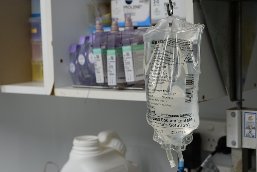 A bag of iv fluids in a veterinary clinic. 