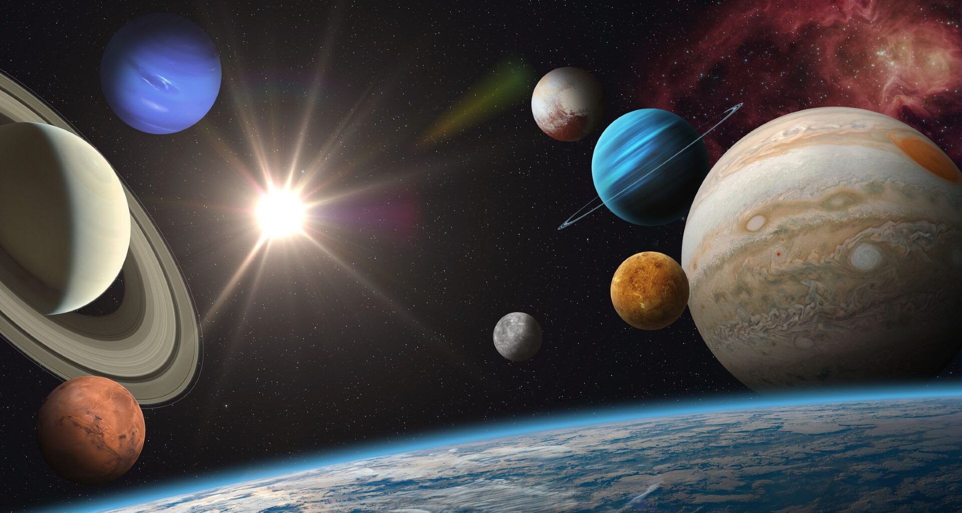 An illustration of all the planets in the solar system near Earth, seen at the bottom of the image. Mars, Saturn and Neptune are seen at the left while Mercury, Venus, Jupiter and Uranus are to the right