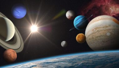 An illustration of all the planets in the solar system near Earth, seen at the bottom of the image. Mars, Saturn and Neptune are seen at the left while Mercury, Venus, Jupiter and Uranus are to the right