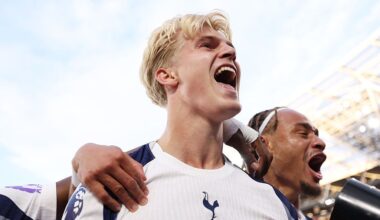 Liverpool and Aston Villa target Lucas Bergvall of Tottenham Hotspur celebrates scoring his team's second goal during the Premier League match between West Ham United and Tottenham Hotspur at London Stadium on September 13, 2025 in London, England.
