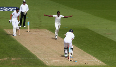 Varun Aaron is pumped up after bowling Sam Robson