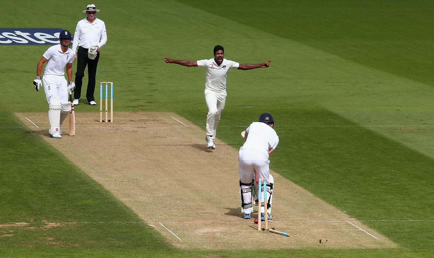 Varun Aaron is pumped up after bowling Sam Robson