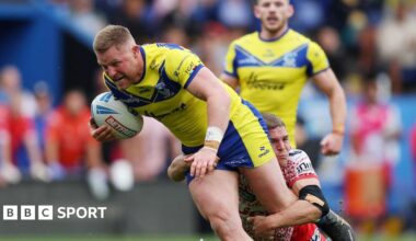 Warrington's Luke Yates shows his determination as he drives away from a tackle against Leigh Leopards last season
