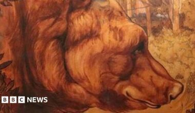 A water colour painting shows a bear in a forest with leaves in front of it. The bear's fur is brown and the forest is sunlit with the tree trunks visible. The bear fills most of the painting and looks sleepy and gentle.