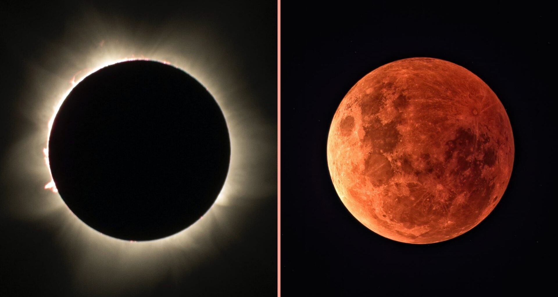two panel image on the left is a total sola eclipse whereby a black orb is surrounded by a halo of white light, in the right image is a close up view of a blood red moon during a total lunar eclipse.
