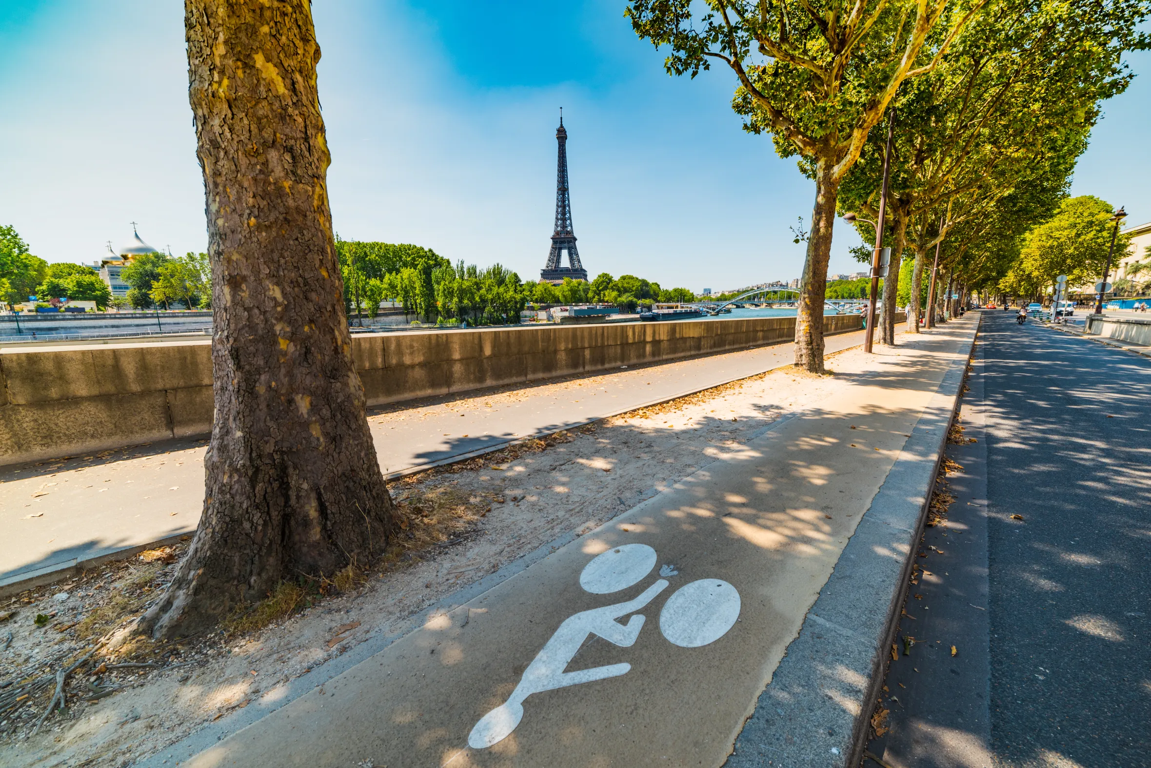 A bike lane with a bicycle symbol painted on the pavement next to the Seine River, with the Eiffel Tower in the background.