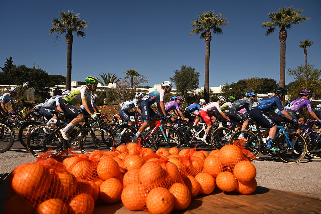 LAGOS, PORTUGAL - FEBRUARY 21: (L-R) Bruno Silva of Portugal and Team Tavfer-Ovos Matinados-Mortagua, Diogo Pinto of Portugal and Team Credibom - LA Aluminios - Marcos Car, Andre Carvalho of Portugal and Team Aviludo - Louletano - Loul&eacute; and Jonathan Vervenne of Belgium and Team Soudal Quick-Step and a general view of the peloton competing during the 52nd Volta ao Algarve em Bicicleta 2026, Stage 4 a 175.1km stage from Albufeira to Lagos on February 21, 2026 in Lagos, Portugal. (Photo by Dario Belingheri/Getty Images)